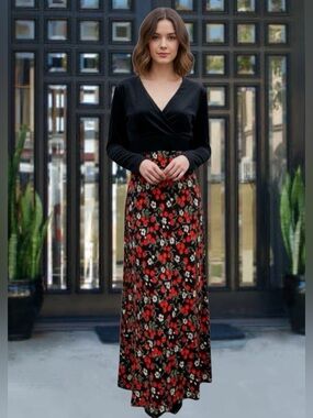 Vintage 60s Black Cherry and Floral Print Maxi Dress